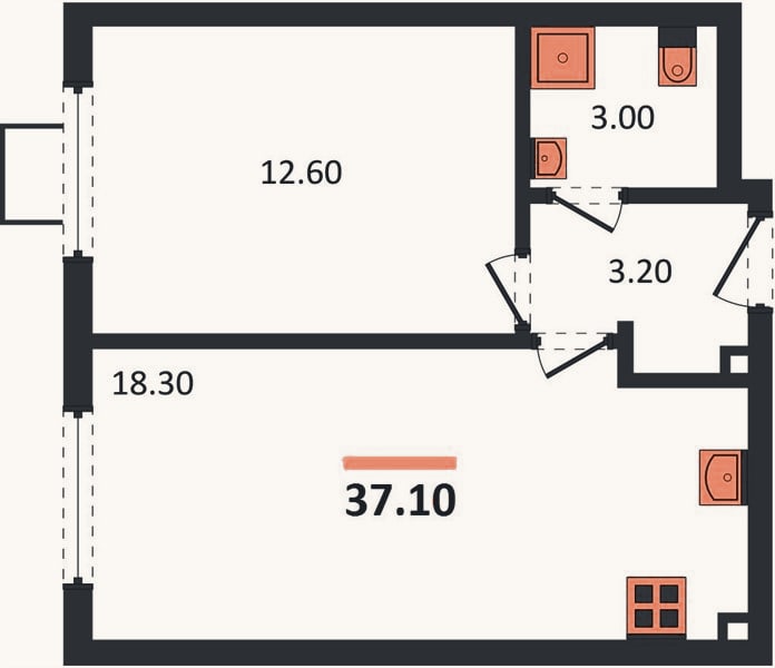Планировка: 1-к, 37,1 м²