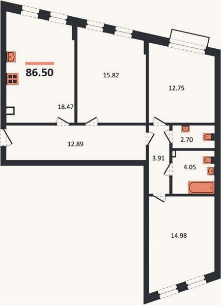 Планировка: 3-к, 86,5 м²