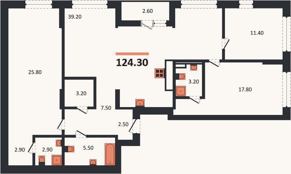 Планировка: 3-к, 124,3 м²