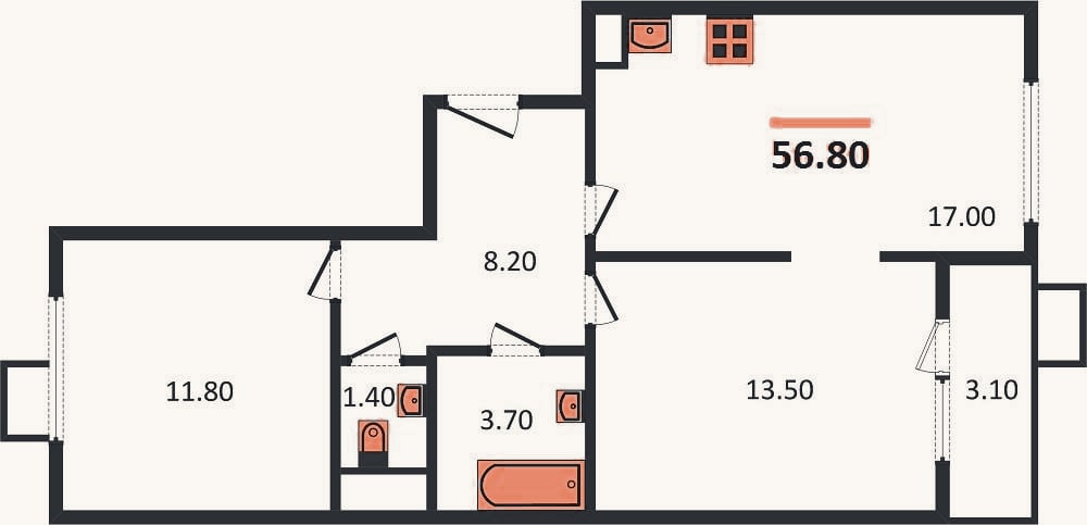 Планировка: 2-к, 56,8 м²