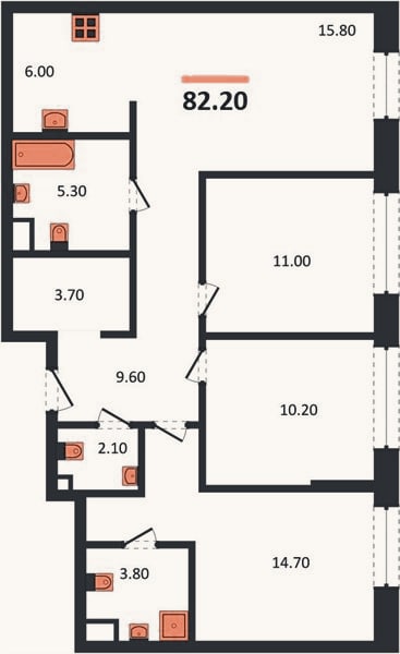 Планировка: 3-к, 82,2 м²