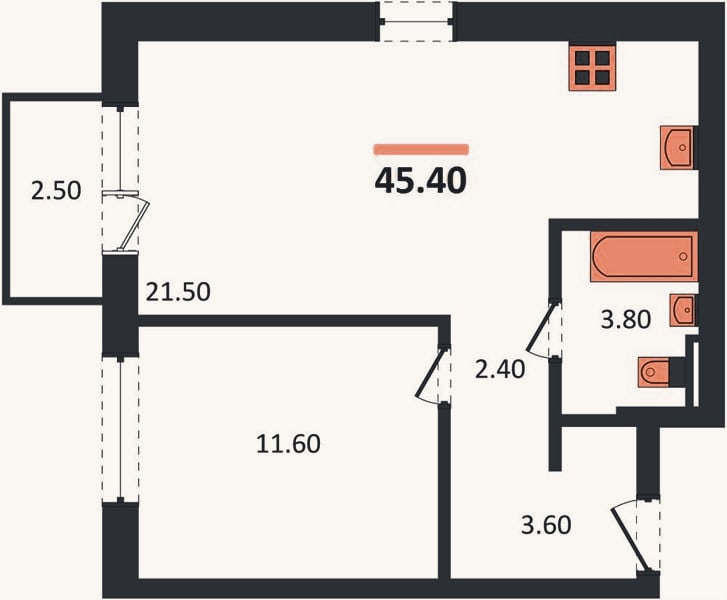 Планировка: 1-к, 45,4 м²