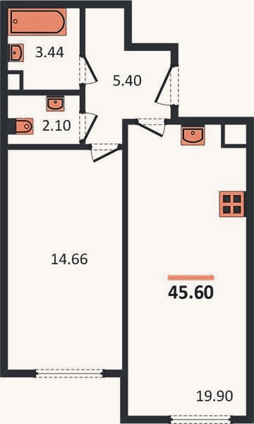 Планировка: 1-к, 45,6 м²