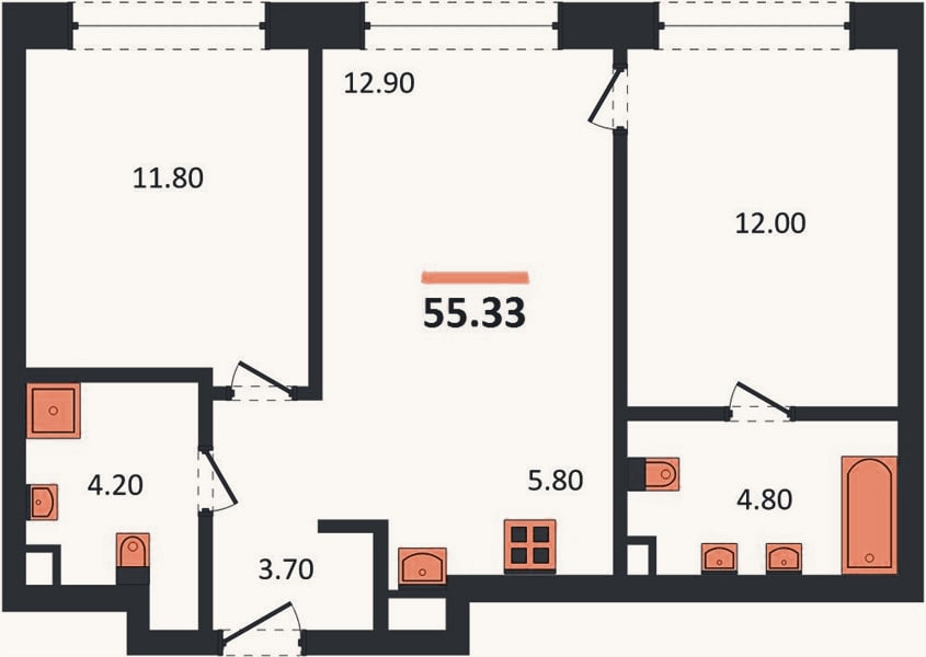 Планировка: 2-к, 55,3 м²