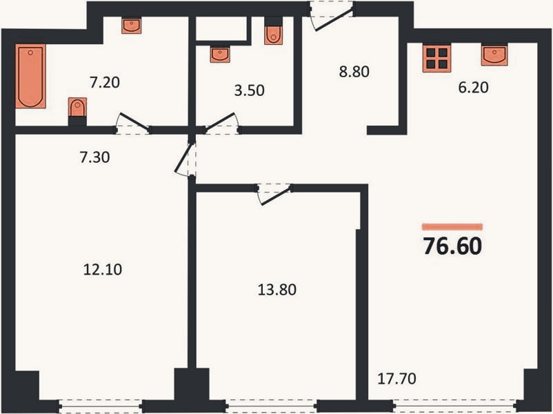 Планировка: 2-к, 76,6 м²