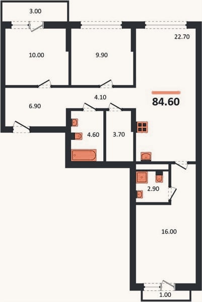 Планировка: 3-к, 84,6 м²