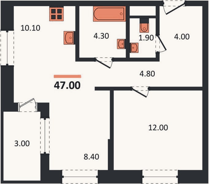 Планировка: 1-к, 47 м²