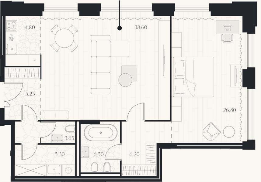Планировка: 1-к, 97,4 м²