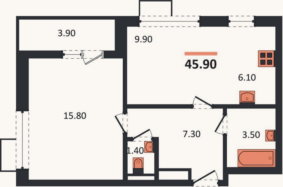 Планировка: 1-к, 45,9 м²