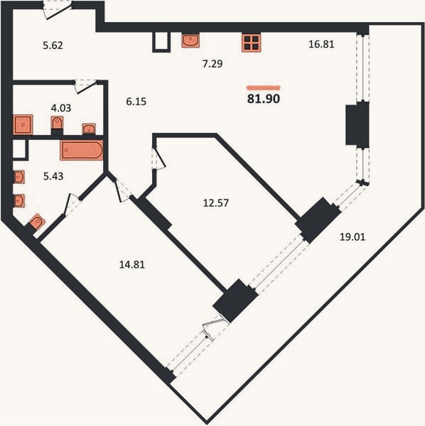 Планировка: 2-к, 81,8 м²