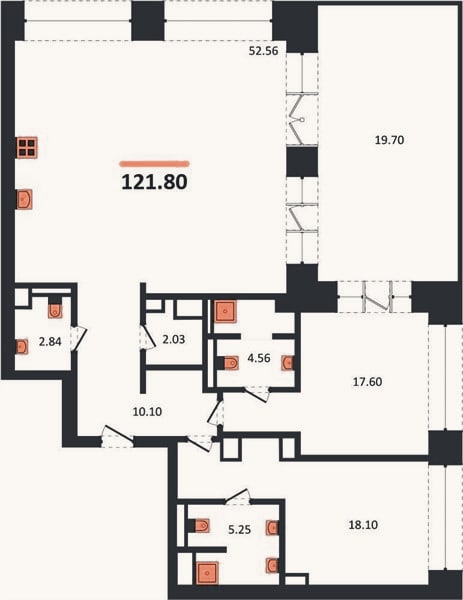 Планировка: 2-к, 121,8 м²