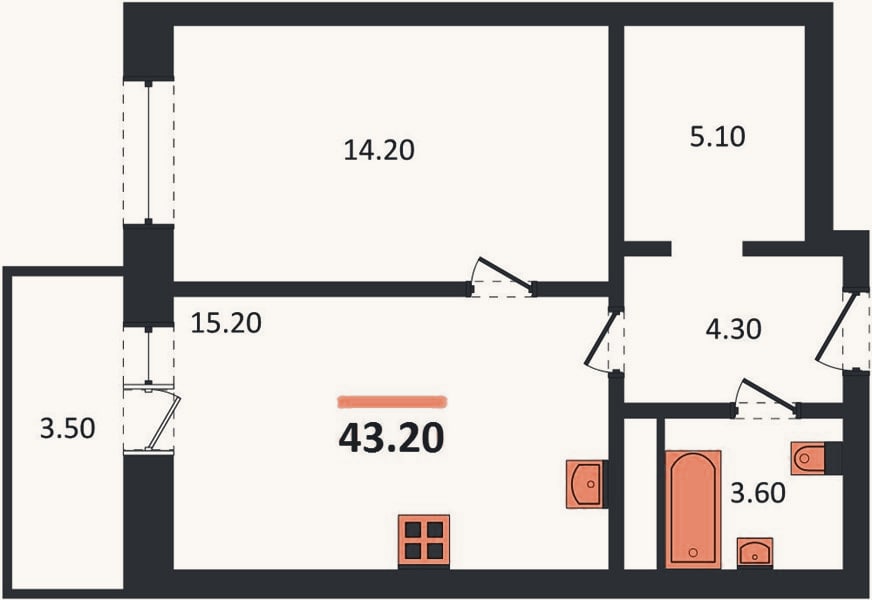 Планировка: 1-к, 43,2 м²