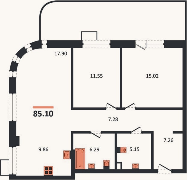 Планировка: 2-к, 85,1 м²