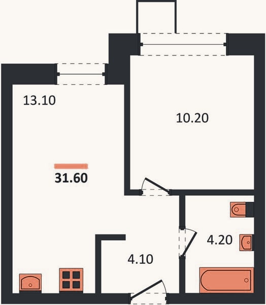 Планировка: 1-к, 31,6 м²