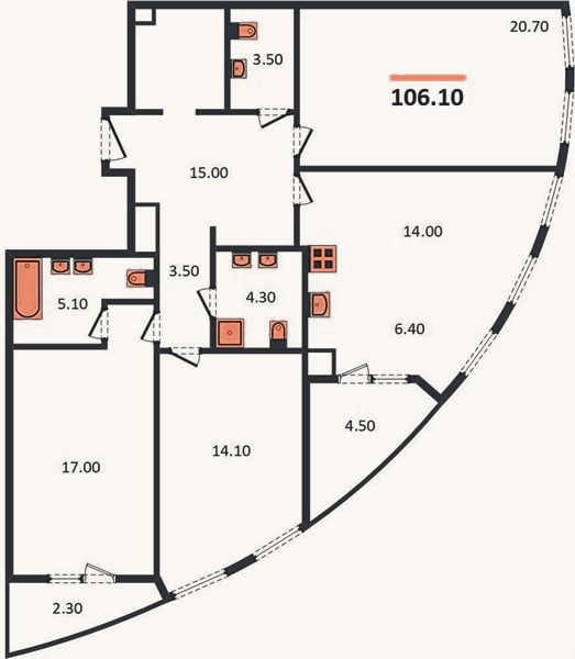 Планировка: 3-к, 106,1 м²