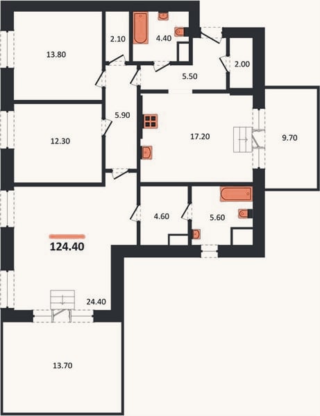 Планировка: 3-к, 124,4 м²