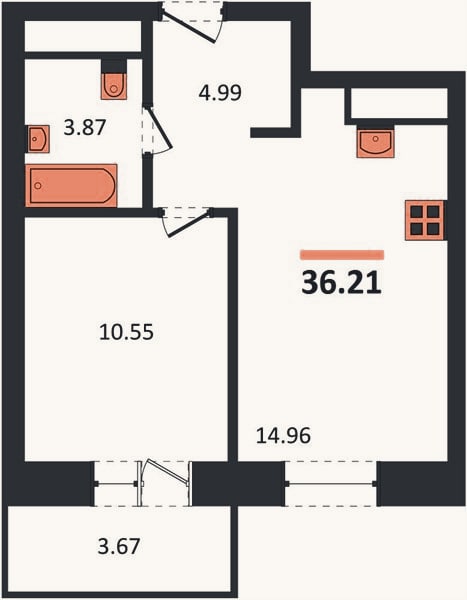 Планировка: 1-к, 36,2 м²