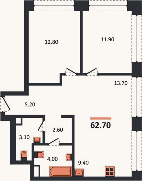 Планировка: 2-к, 63,1 м²