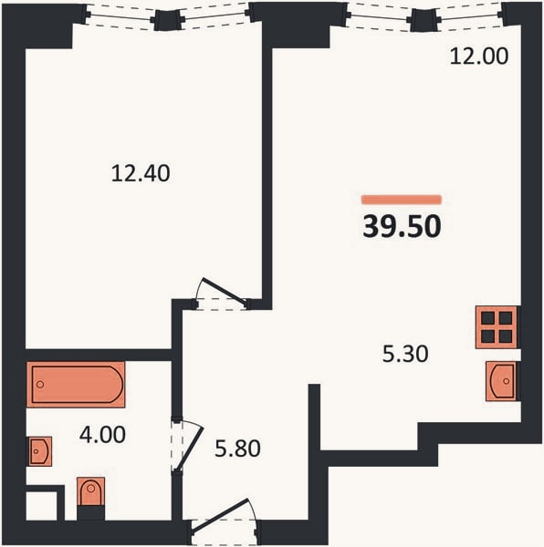 Планировка: 1-к, 39,5 м²