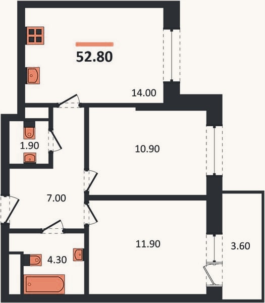 Планировка: 2-к, 52,8 м²