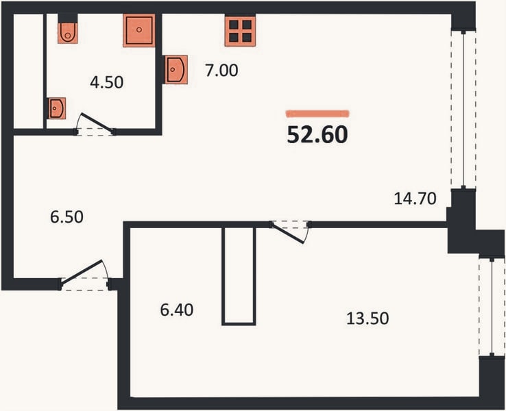 Планировка: 1-к, 52,6 м²