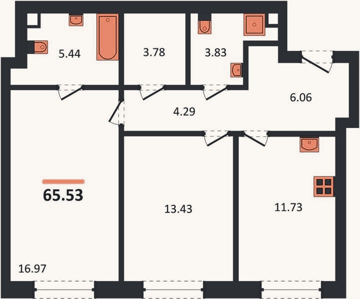 Планировка: 2-к, 65,5 м²