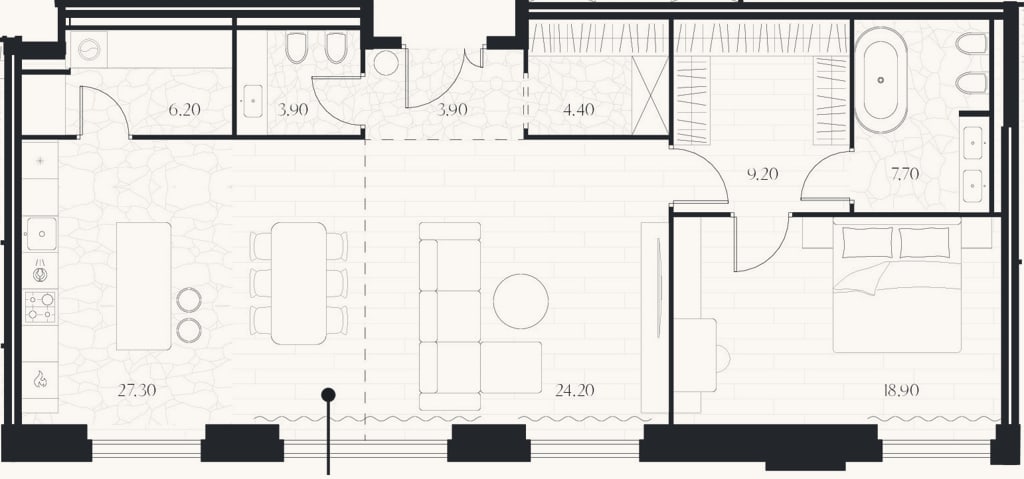 Планировка: 1-к, 82,7 м²