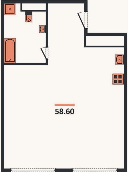 Планировка: 1-к, 58,8 м²
