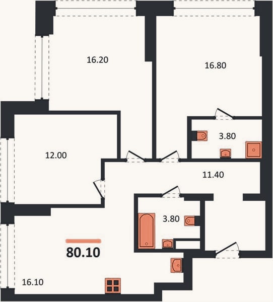 Планировка: 3-к, 80,1 м²
