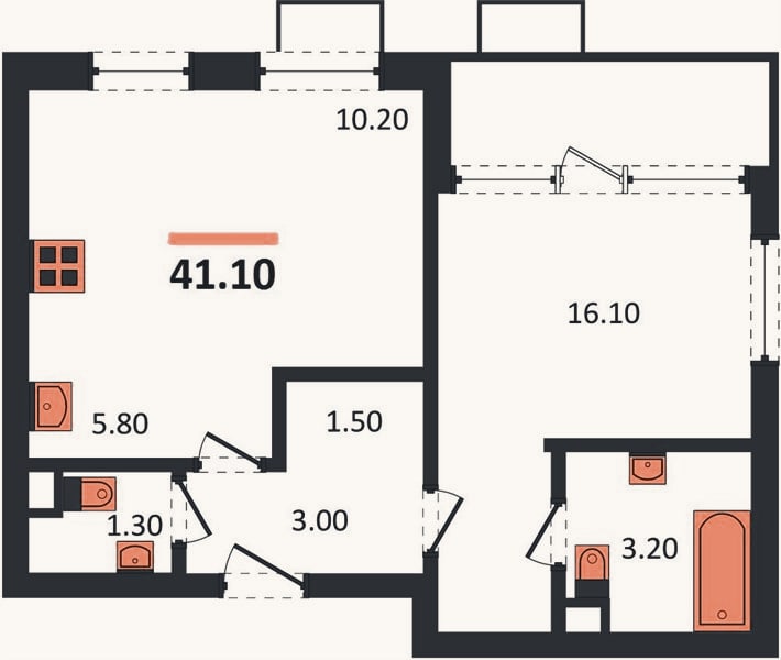 Планировка: 1-к, 41,1 м²