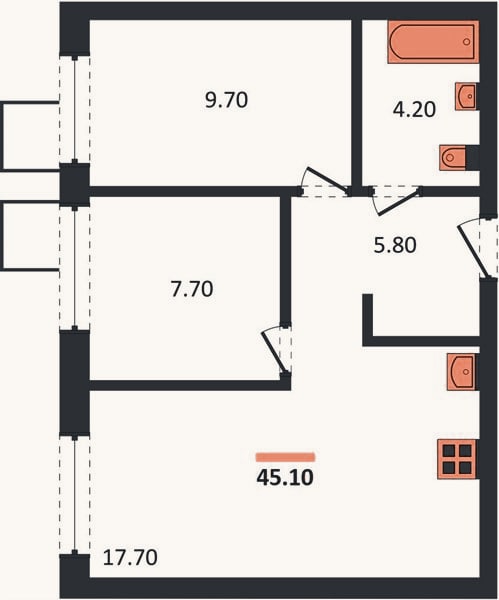 Планировка: 2-к, 45,1 м²