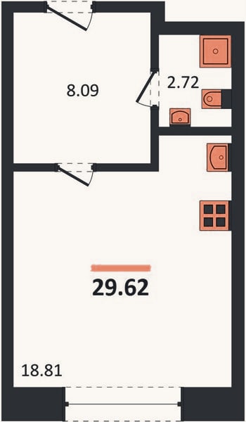 Планировка: Студия, 29,6 м²