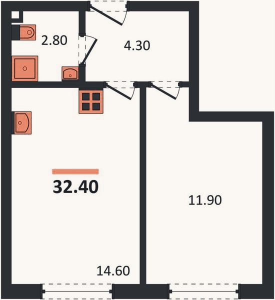 Планировка: 1-к, 32,4 м²