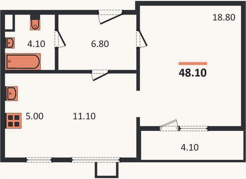 Планировка: 1-к, 48,1 м²