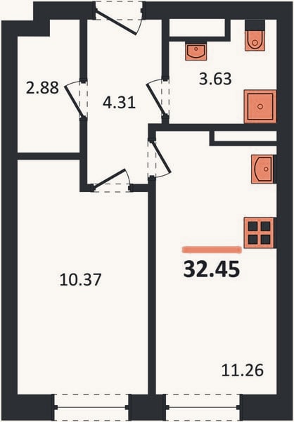 Планировка: 1-к, 32,5 м²
