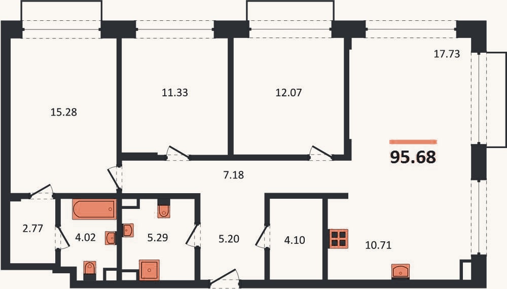 Планировка: 3-к, 95,7 м²
