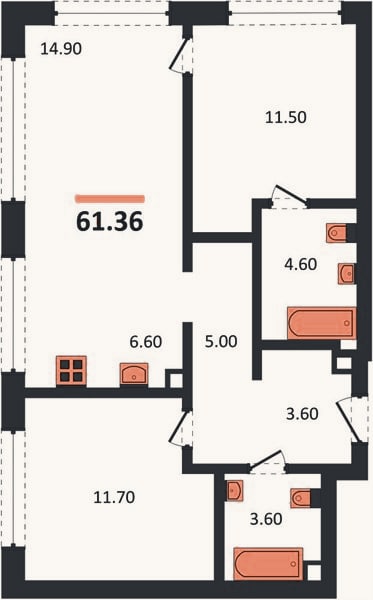 Планировка: 2-к, 61,4 м²
