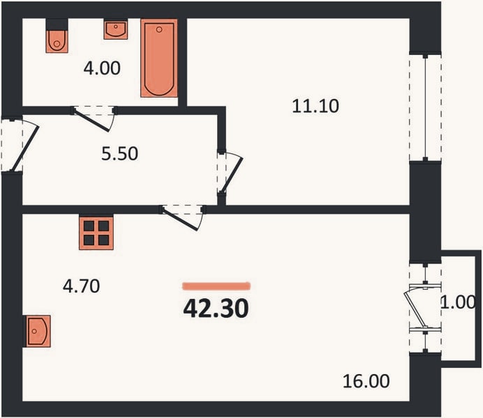 Планировка: 1-к, 42,3 м²