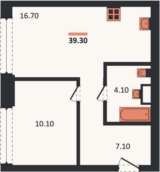 Планировка: 1-к, 39,3 м²