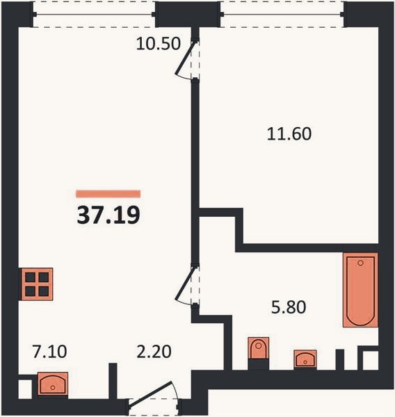 Планировка: 1-к, 37,2 м²