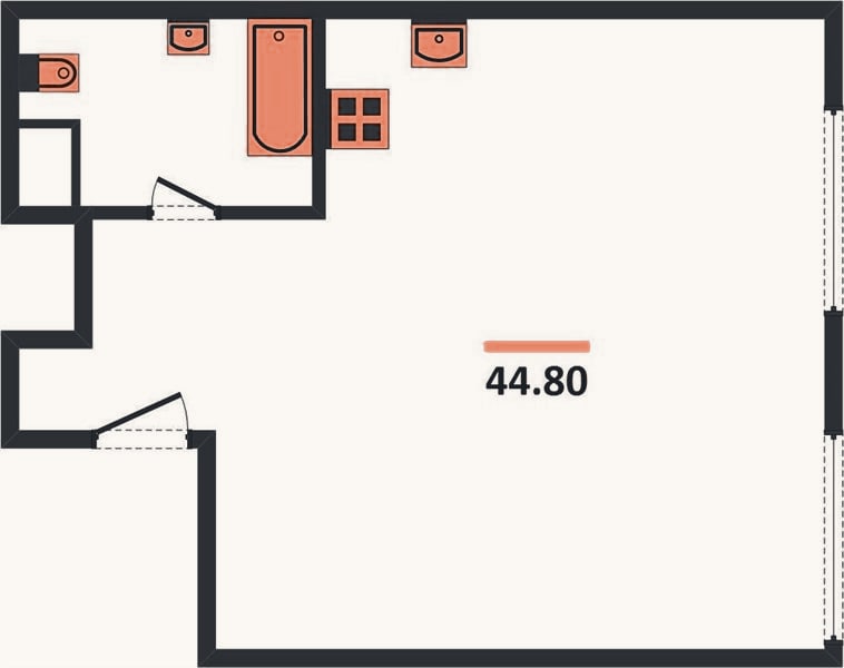Планировка: 1-к, 44,8 м²