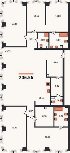 Планировка: 4+ к, 206,6 м²