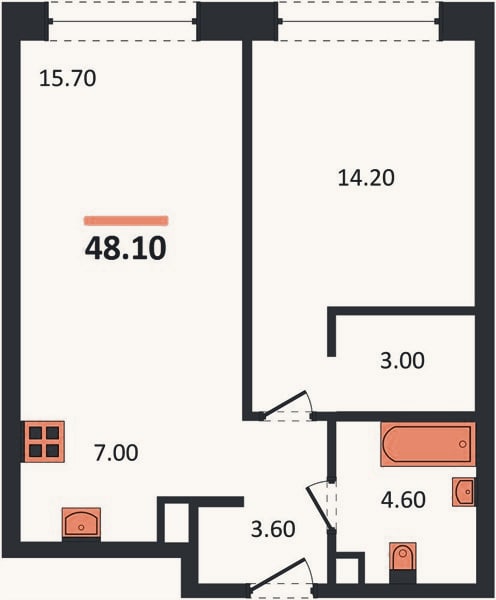 Планировка: 1-к, 48,1 м²