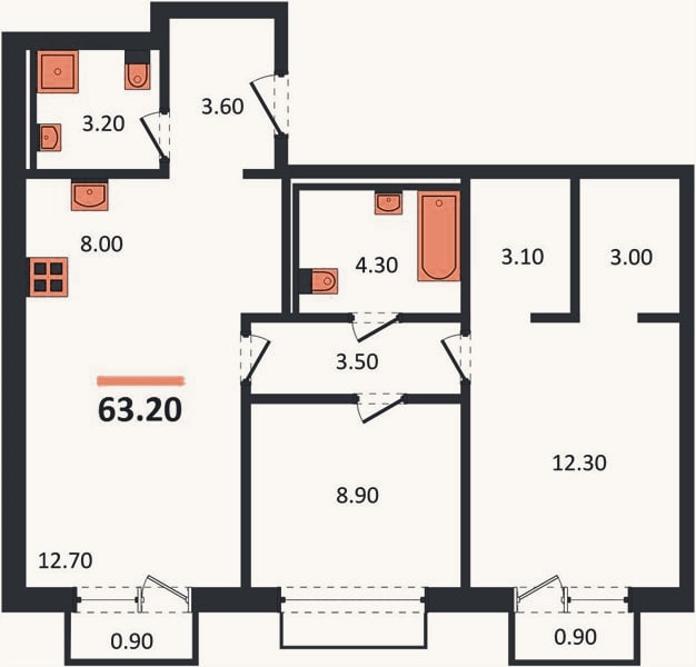 Планировка: 2-к, 63,2 м²