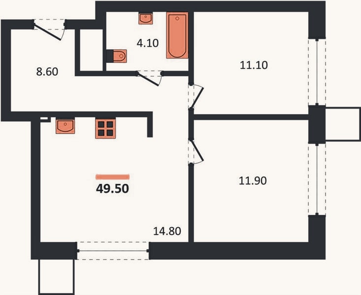 Планировка: 2-к, 49,5 м²
