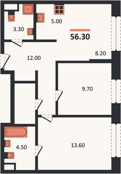 Планировка: 2-к, 56,3 м²