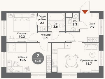 Планировка: 2-к, 60,5 м²