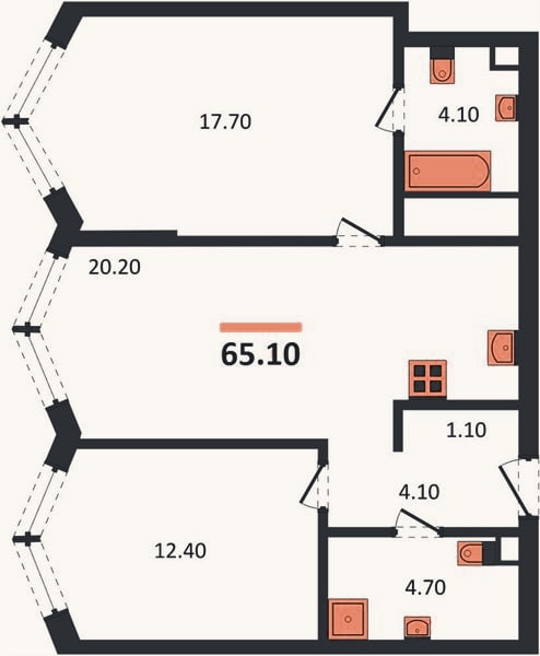 Планировка: 2-к, 65,1 м²