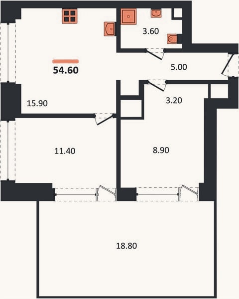 Планировка: 2-к, 54,6 м²