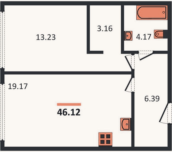 Планировка: 1-к, 46,1 м²